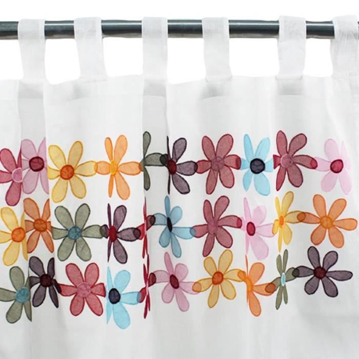 UNITED FLOWERS - Voilage à pattes en coton décoration fleurs colorés 110 x 250 cm Blanc