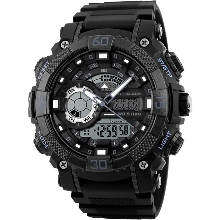 Montre Homme Digitale Militaire - Chronographe, étanche 50m, Double Fuseau, Alarme, Rétroéclairage LED