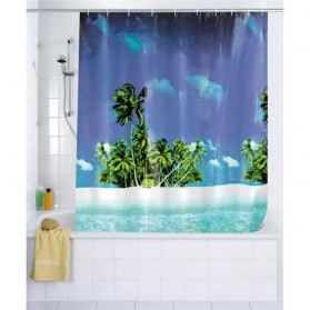Rideau De Douche Déco Islande Palms - 175x180 Cm En Polyester Vert Bleu Blanc