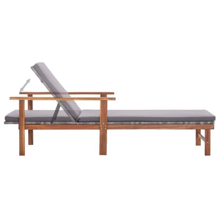 fhe - bains de soleil-chaise longue et coussin - résine tressée et bois d'acacia - 200 x 55 x 56 cm - gris