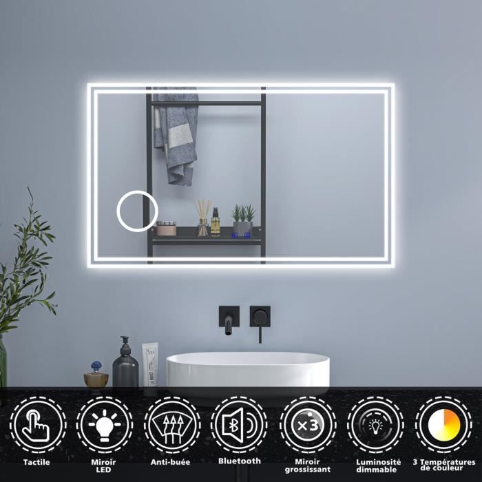 OCEAN Miroir de salle de bain LED 100*60cm avec Bluetooth + anti