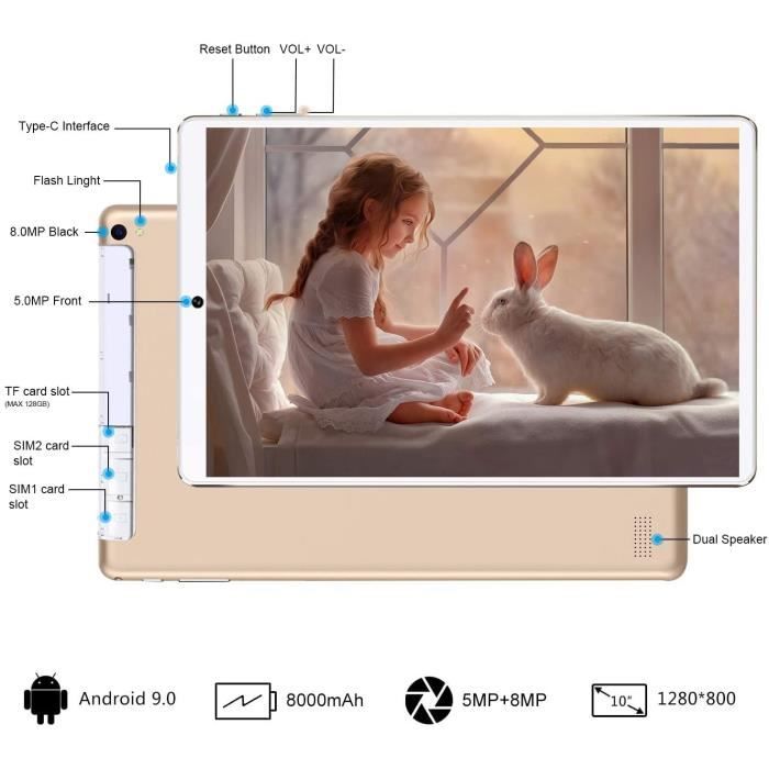 Tablette 10 pouces HD, 4G/WIFI, 3Go+32Go ROM/128Go1