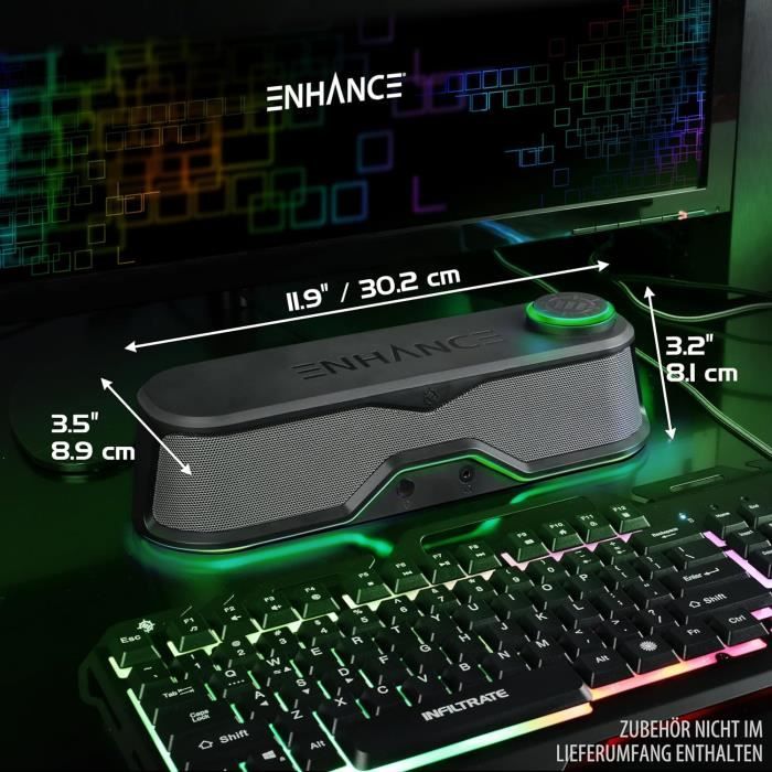 ENHANCE SB1 Barre De Son PC Gaming 10W – Sous Moniteur, BassPULSE, Passage Casque, LED RGB – Plug & Play USB