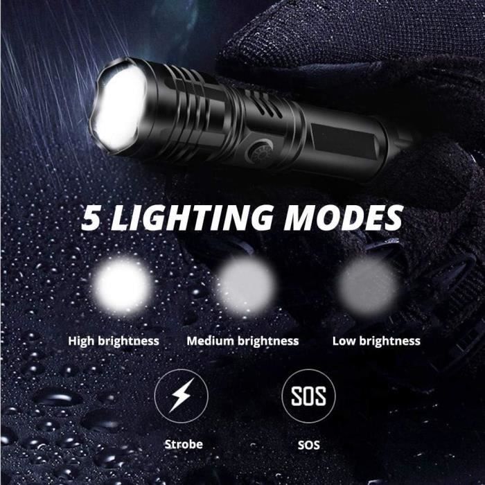Lampe Torche LED Tactique Ultra Lumineuse - Rechargeable USB, Zoom, étanche