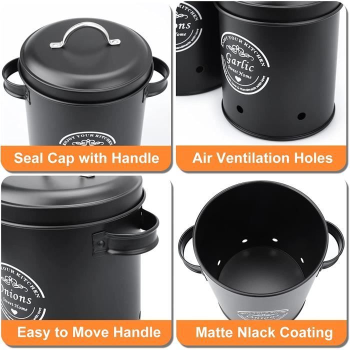 Lot De 3 Boîtes De Rangement Pour Légumes (Pomme De Terre, Oignons, Ail) Avec Couvercle Bambou - Empilables, Ventilées - 3
