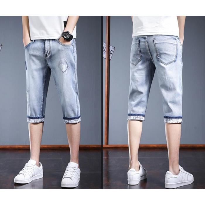 Pantacourt Homme en Jeans Slim Fit Pantalon Court Stretch 5 Poches