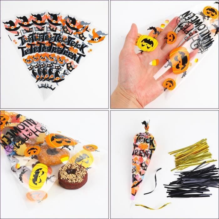 100 Sacs à Bonbons Halloween - Auto-adhésifs, Cellophane, Motifs Citrouilles, Multicolores