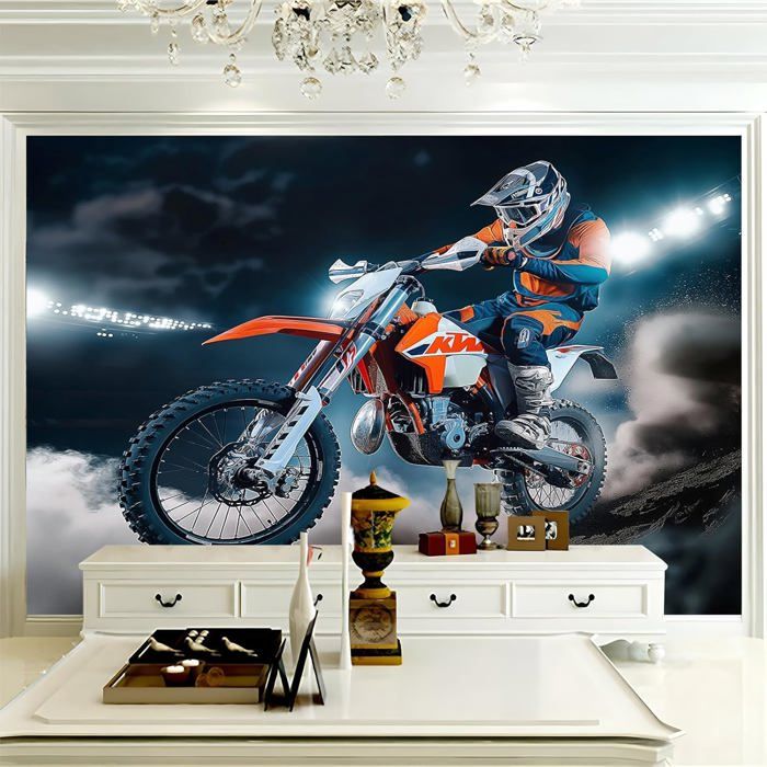 Tapis Murale Tenture Murale 3D Motocross - 100% Polyester - Différentes Tailles - Décoration Chambre, Salon - Style Sportif Décoration Murale Polyester