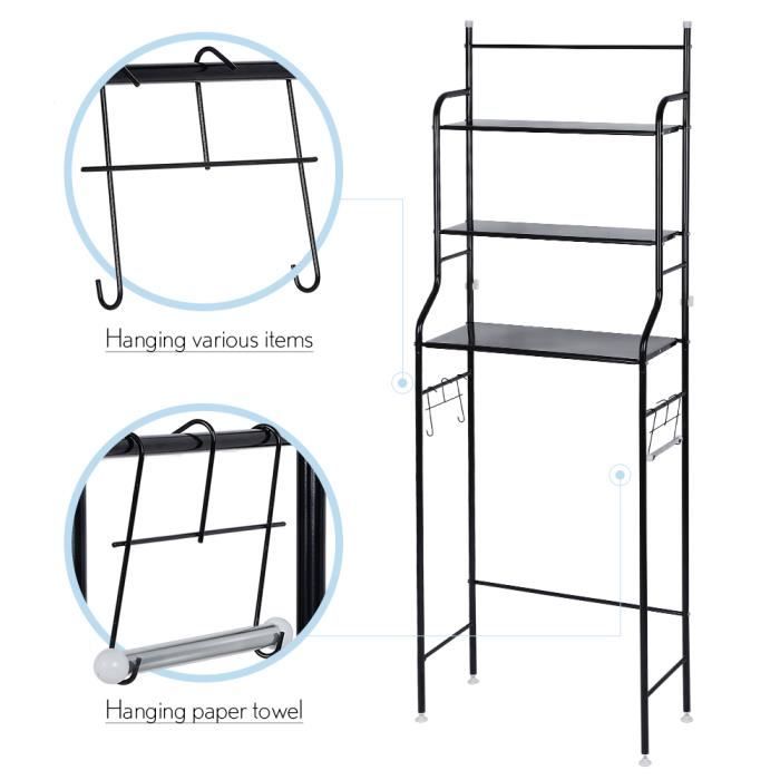Étagère Salle De Bain 3 Niveaux - Rangement Au-Dessus WC, 157x55x26cm Noir