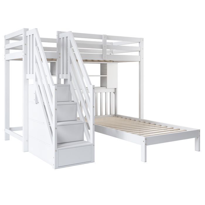 Lit Superposé Enfant 90x200 Cm Avec Rangement Et Escalier | Mezzanine 2 Places | Bois Pin | Blanc | Sans Matelas - 8