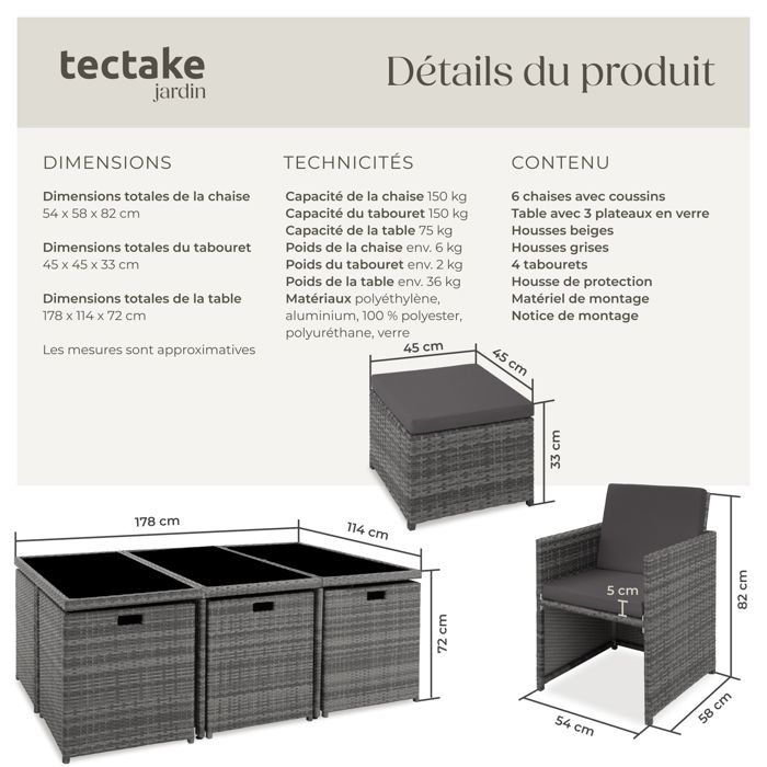 TecTake Fauteuil Relaxation Jardin Avec Repose-Pieds - Aluminium & Résine Tressée - Coussins Déperlants