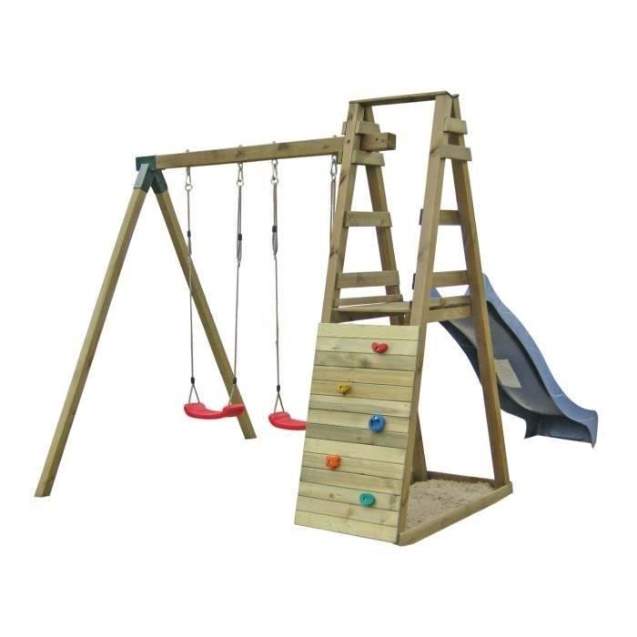 Balançoire / Portique enfant en Bois avec 2 Balançoires, 1 Toboggan et