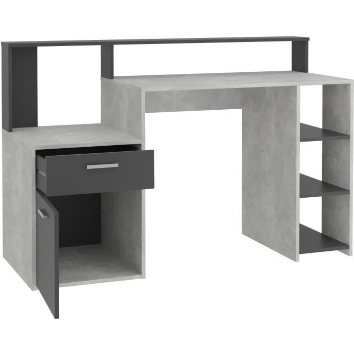 Bureau avec réhausse et rangements BOLTON Mélamine bétonantracite L138 5 x H91 6 x P53 5 cm