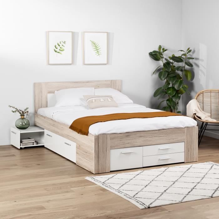 Udine Lit Adulte Contemporain Decor Chene Cendre Et Blanc Mat L