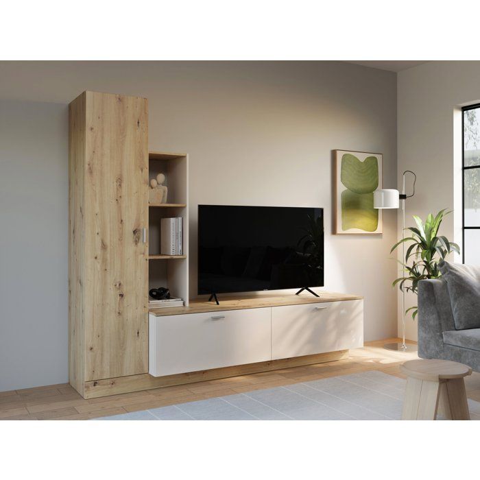 Meuble TV avec Paroi ARYSTARCH - Sable & Chêne - 1 porte + 2 abattants + 3 étagères - 2092 x 52 x 1823 cm