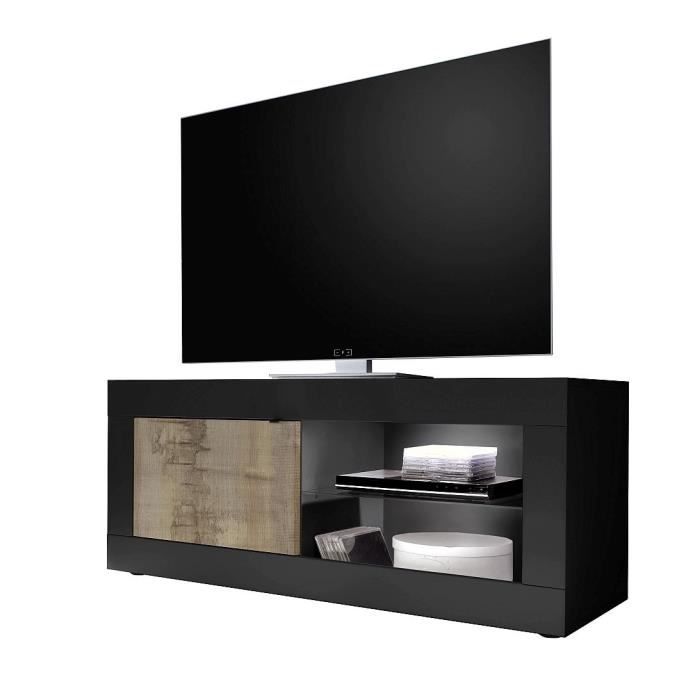 Meuble TV Style Vintage BASICO 1 Porte - Décor Chêne Pero et Noir mat - L140 x H56 x P43 cm