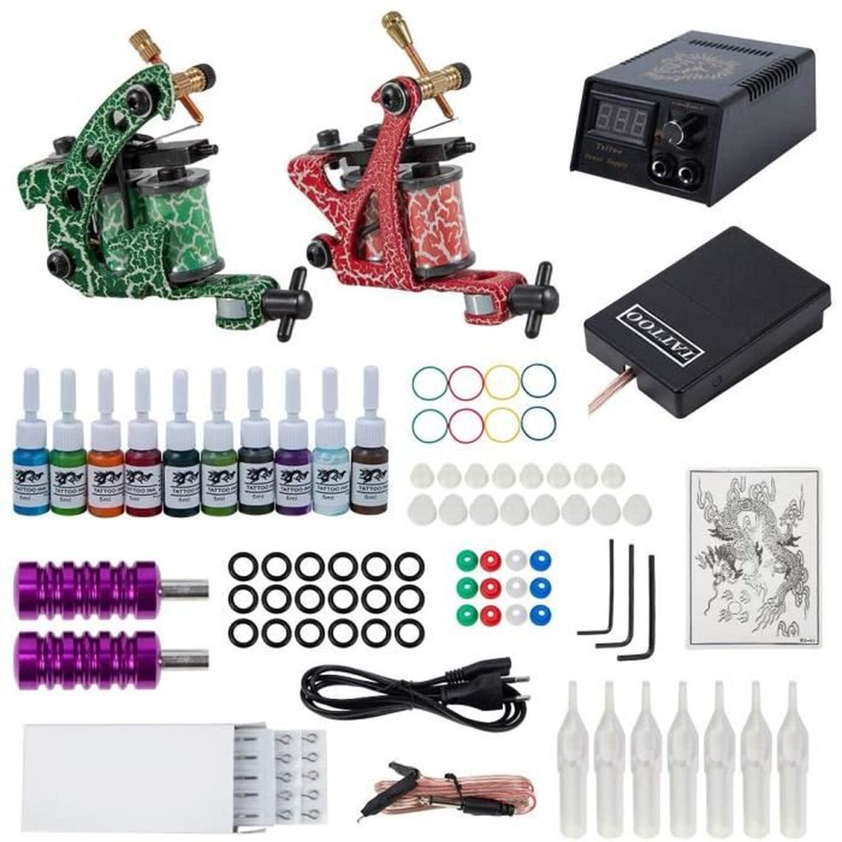 Ensemble de machine à tatouer Kit complet de tatouage 2 Machine à tatouer et 20 encres encres et
