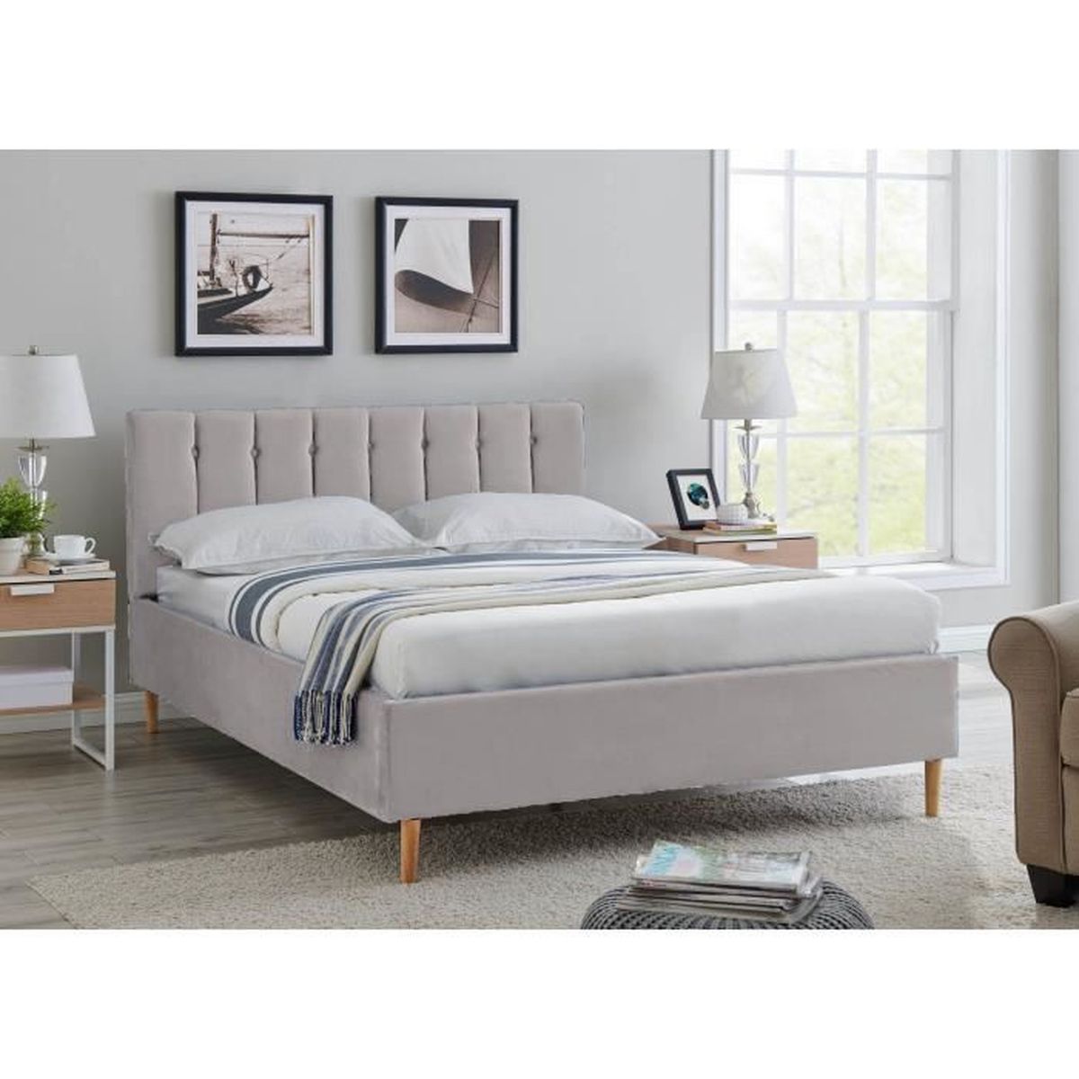 Lit Double Capitonne En Tissu Velours Gris Valentine 140x190 Cm