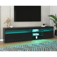 Meuble TV LED Moderne - JAERLIUB - Trois portes et étagères en verre - Noir mat - 180x35x45cm