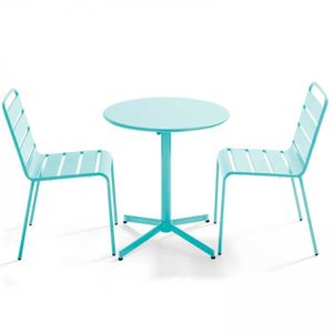 Ensemble table et chaise de jardin Table de jardin ronde inclinable OVIALA - PALAVAS - Métal - Bleu Turquoise - Fonction rabattable