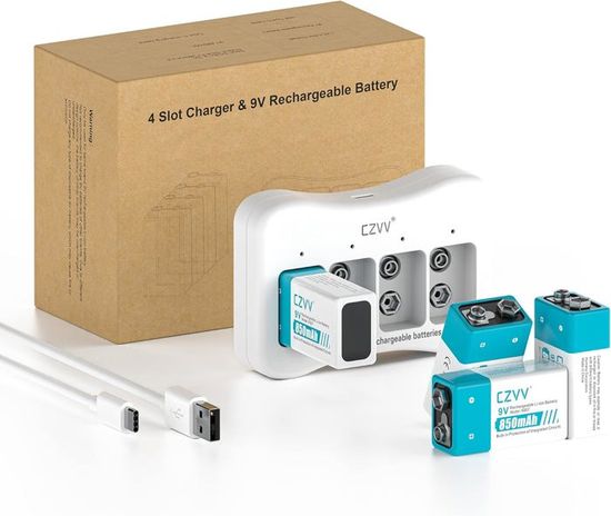 Czvv Pile Ricaricabili 9V Litio 850mAh – Confezione Da 4, 1300 Cicli, 10 Anni Di Durata, Per Rilevatori E Chitarre