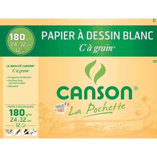 CANSON Pochette papier dessin C à grain - 24 x 32 cm - 180g - 12 feuilles - Blanc