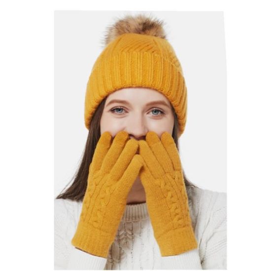 Bonnet Femme avec pompon 2PCS Bonnet +Gants en tricot pour femme Hiver  chaud et doux Jaune - Main Image