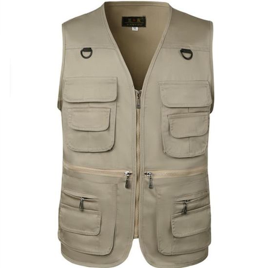 Gilet de Peche Homme Pas Cher Couleur UnieRespirante Ete Grande Taille Multi Poches Beige