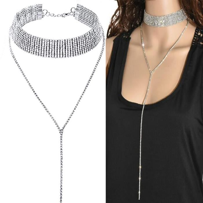Collier ras de cou en strass pour femmes et filles Party Diamond Choker Long Chain Collier Bar