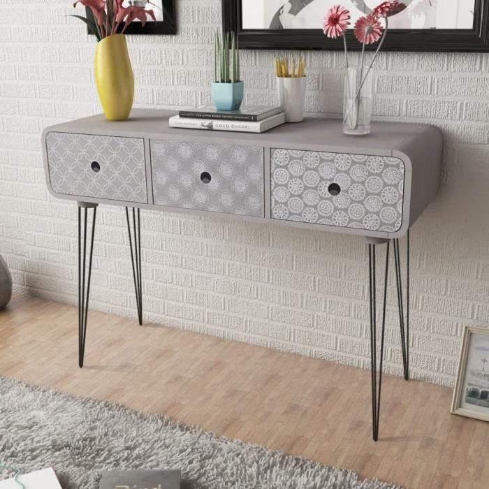 YULINSHOP Table console avec 3 tiroirs Gris ☻1