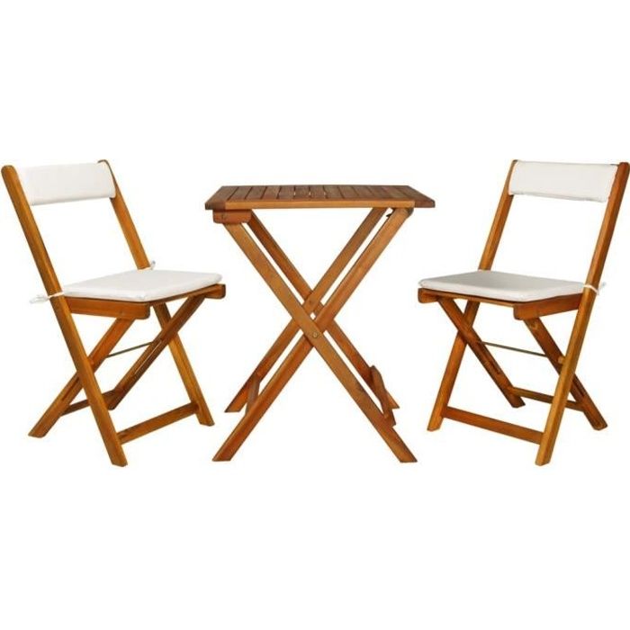 WON 7 pcs Jeu de Bistro - Ensemble de Bistro de Jardin avec Coussins en Bois d'Acacia Massif 1 Table Pliante et 2 Chaises