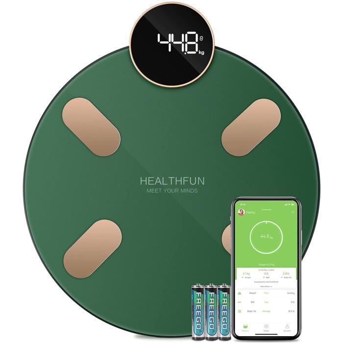 Balance Pèse Personne Connectée Impédancemètre avec Capteur Sensible, 13 Données Corporelles Bluetooth - Muscle Graisse Eau IMC