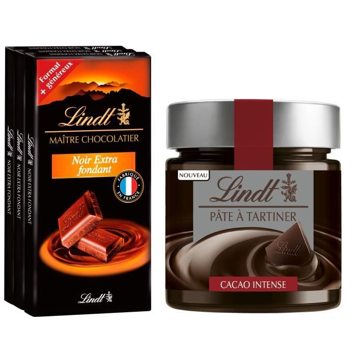Lot de 2 - 1 LINDT Recette Originale Noir Extra Fondant 3X110g + 1 LINDT Pâte à tartiner Noir Intense 200g
