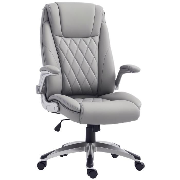 Fauteuil de bureau manager ergonomique style contemporain capitonné hauteur réglable pivotant 360° simili cuir gris clair