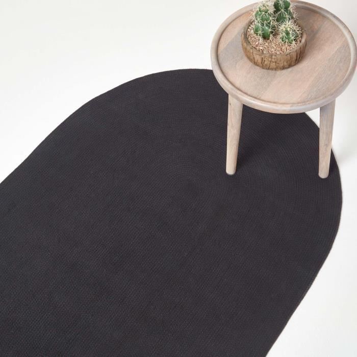Tapis ovale tissé à plat en coton Noir, 50 x 80 cm
