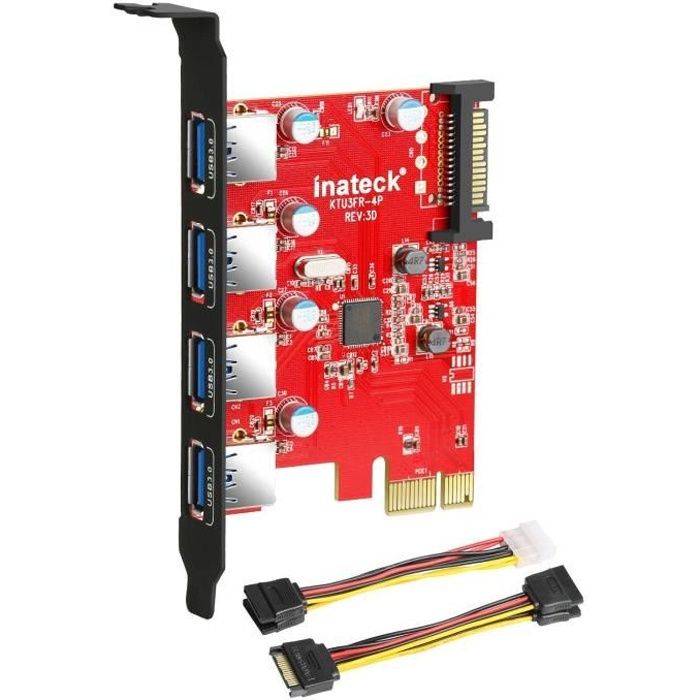 Inateck Carte Contrôleur PCI Express 4 ports PCI-E vers usb 3.0 avec 4pin vers 2x15pin câble et 15pin vers 2x SATA 15pinY-Cable