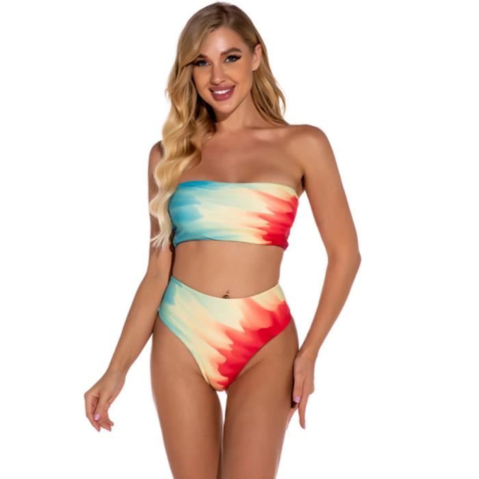 Femme Maillot de bain 2 pièces taille haute, Bikini tie-dye femme