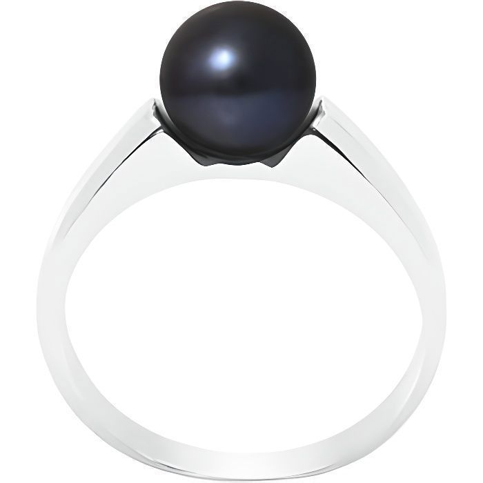 PERLINEA - Bague Véritable Perle de Culture d'Eau Douce Ronde 7-8 mm - Colori Black Tahiti - Argent 925 Millièmes - Bijou Femme