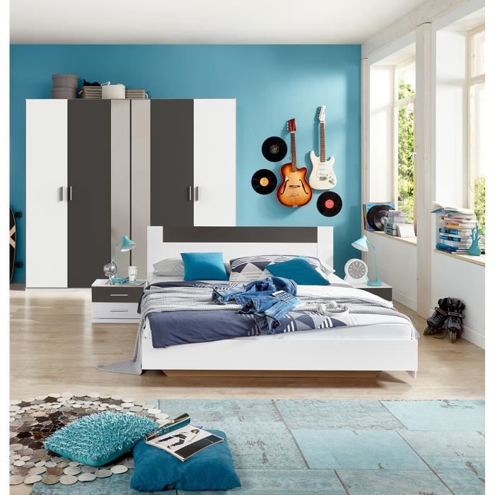Chambre à coucher complète adulte Bruxelles (lit 140x200cm + 2 chevets + armoire) coloris blanc-graphite