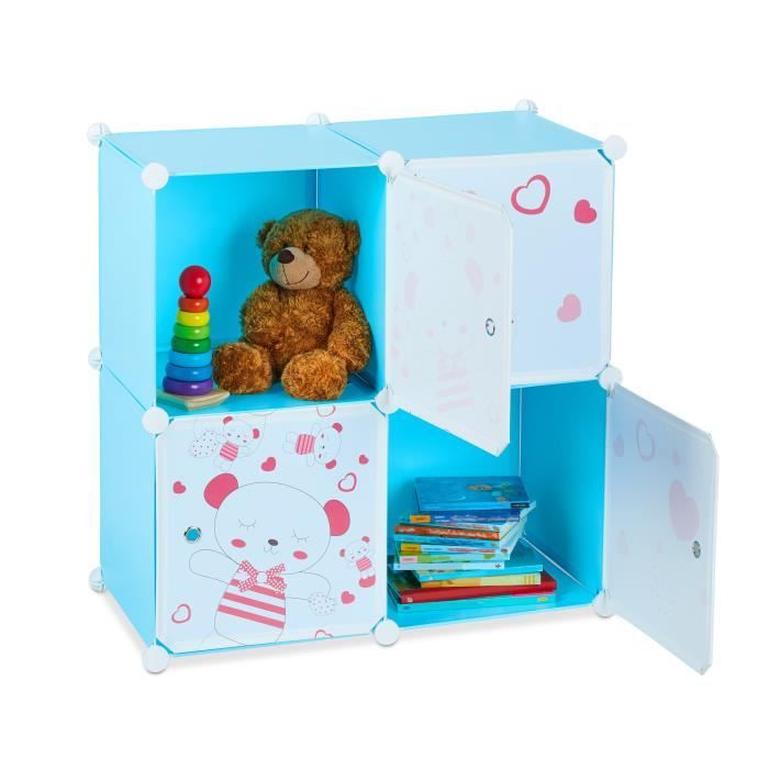 Relaxdays Etagère pour jouets enfants,teddy, 4 casiers cubes,extensible, rayonnage DIY emboîtable75 x 75x 36,5cm, bleu