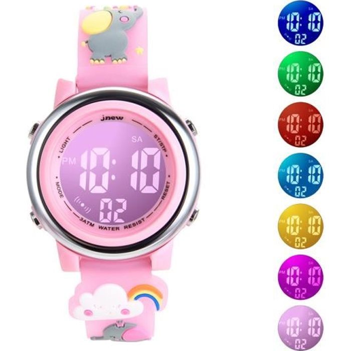Montre enfant fille LED numérique réveil chronographe multifonction sports bracelet en silicone étanche arc-en-ciel l'éléphant rose