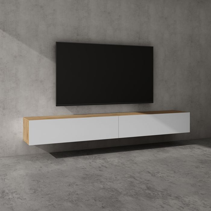 sogood meuble tv bas 240 cm armoire tv marron clair + blanc mat table de télévision salon avec portes meuble tv suspendu mbtv02