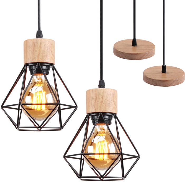 WOTTES 2PCS Lampe à Suspension Rétro en Métal et bois E27 Ø15.5cm Noir Cage Lustre Industrielle Luminaire Créatif pour Cuisine