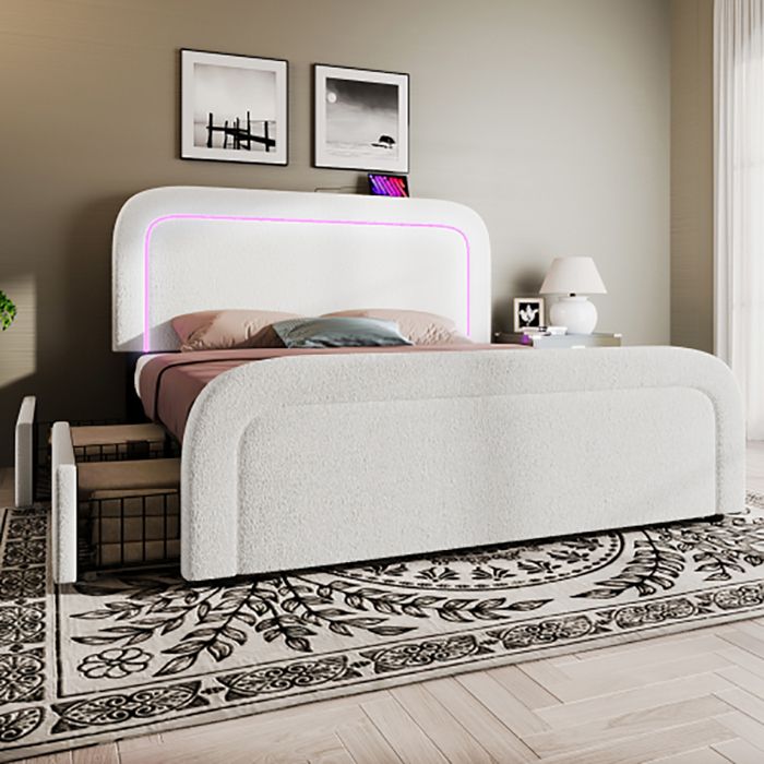 Lit adulte Lit 160x200 cm Lit avec 4 tiroirs avec USB Type C éclairage LED tête de lit réglable en hauteur blanc