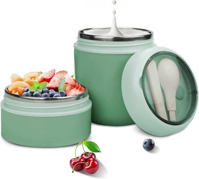 Pots à Yaourt Et Muesli Schramm – 2 Pots Avec Compartiment Fraîcheur, Cuillère Pliante | Idéal Déplacement, Bureau, école