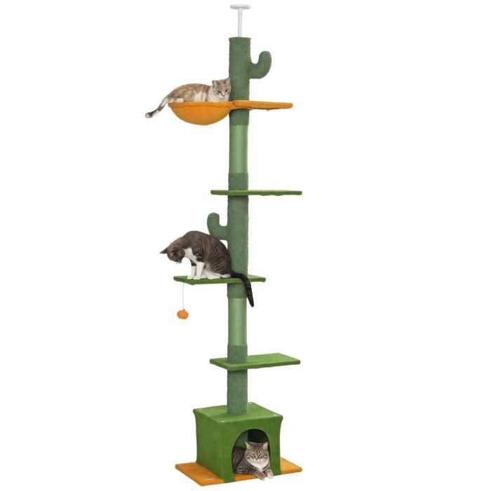 Arbre à chat - PawHut - 275H cm - du sol au plafond - 6 niveaux pour chat dintérieur - plate-formes niche hamac balle - vert
