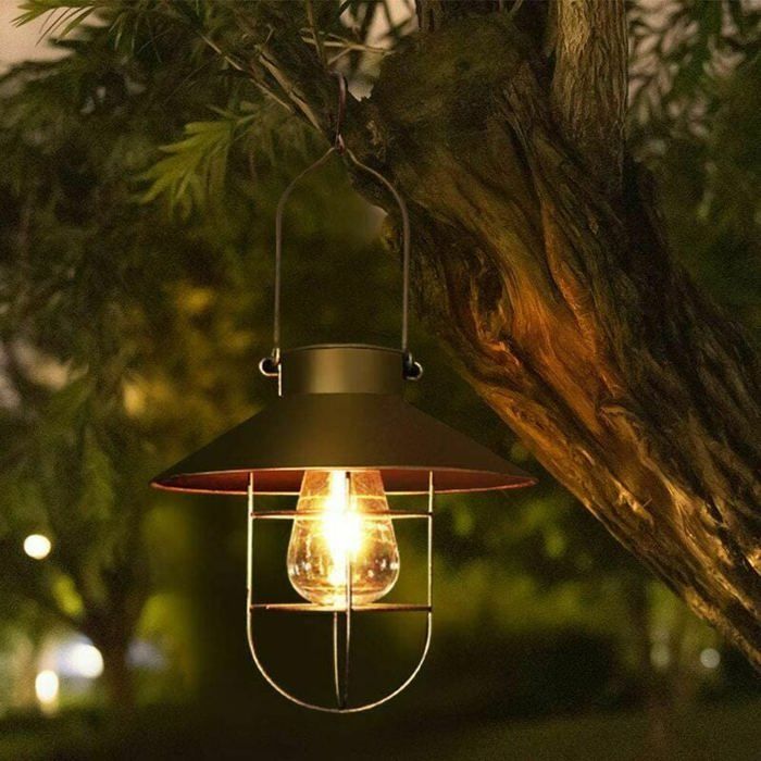 Lampe solaire dextérieur en bronze avec crochet en S et grand disque Lustre rétro Lampe suspendue en fer forgé pour jardin