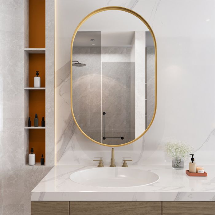 Meuble Armoire de salle de Bain 85cm - Miroir de salle de bain Ovale avec rangement - Miroir Mural - Étagères Réglables - Or