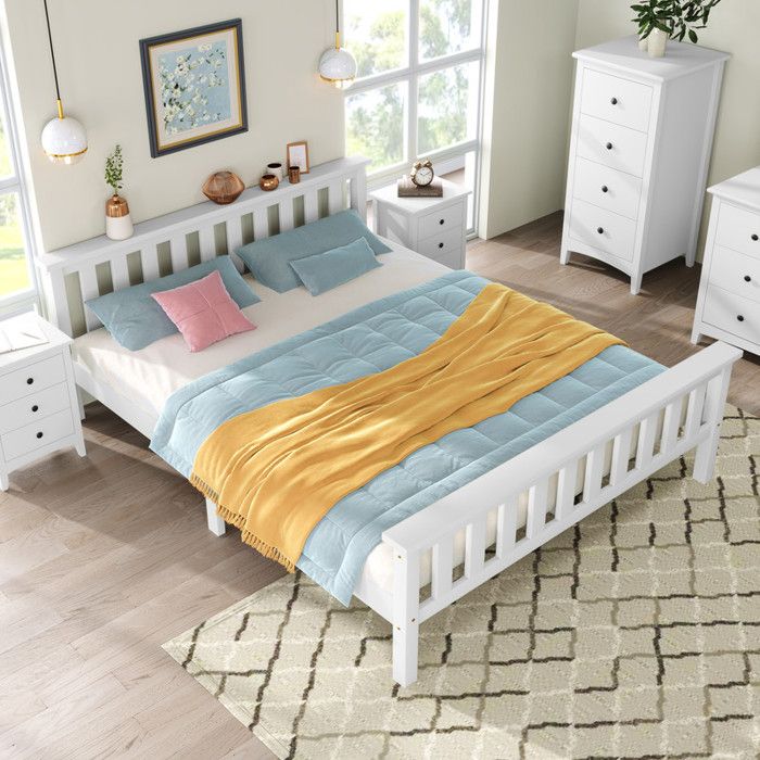 Lit double 140×200 cm lit enfant en bois massif avec sommier lit en pin pour adultes et adolescents blanc