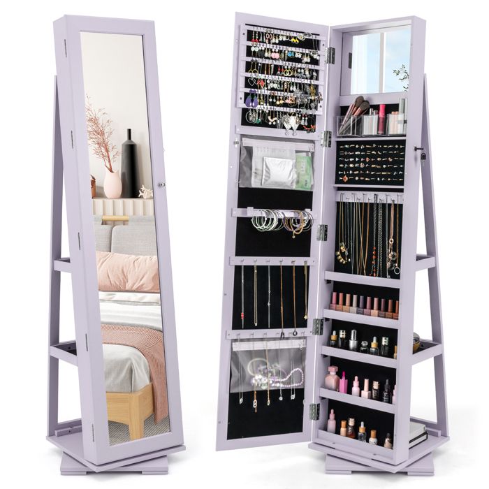 3 en 1 Armoire à Bijoux sur Pieds COSTWAY Pivotante à 360 Degrés Grand Miroir Psyché et Etagère de Rangement à LArrière Violet